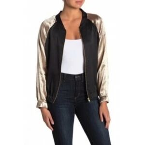June & Hudson Women Satin & Crepe Bomber Jacket Babetown Gold Black Small New